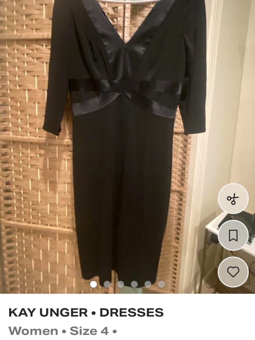 Kay Unger Black V-Neck Satin-Trim Sheath Dress